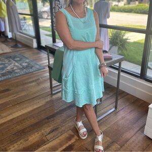 Cut Loose Linen Combo Asym Tunic Dress in Mente Green Blue Sz L